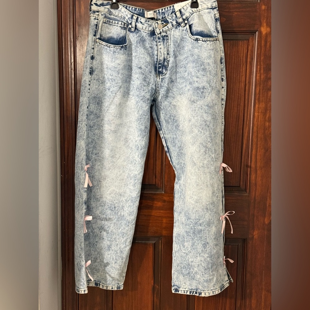 Rise Supply Co Mid Rise Wide Leg Jeans NWT Pink Bows Vintage Wash Size:17